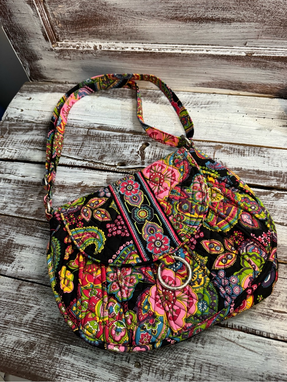 Vera Bradley Black Multicolor Quilted Paisley Shoulder Bag with Ring Accent